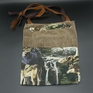 Upcycled Handmade Handcrafted Brown, Green, Cream & White Wolf Shoulder Tote Bag
